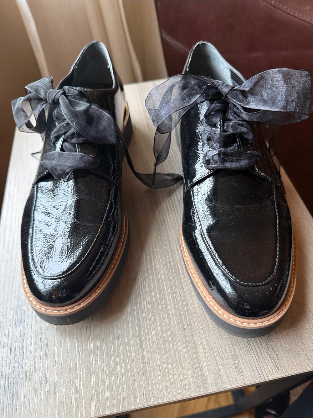 Franco Sarto Black Patent Leather Derby with Ribbon Laces